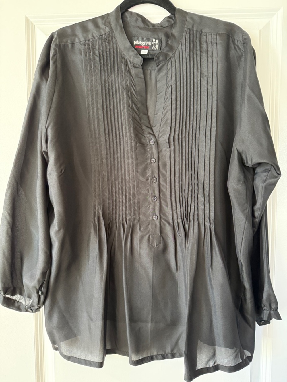 Johnny Was Black Sheer Silk Pintuck Mandarin Blouse